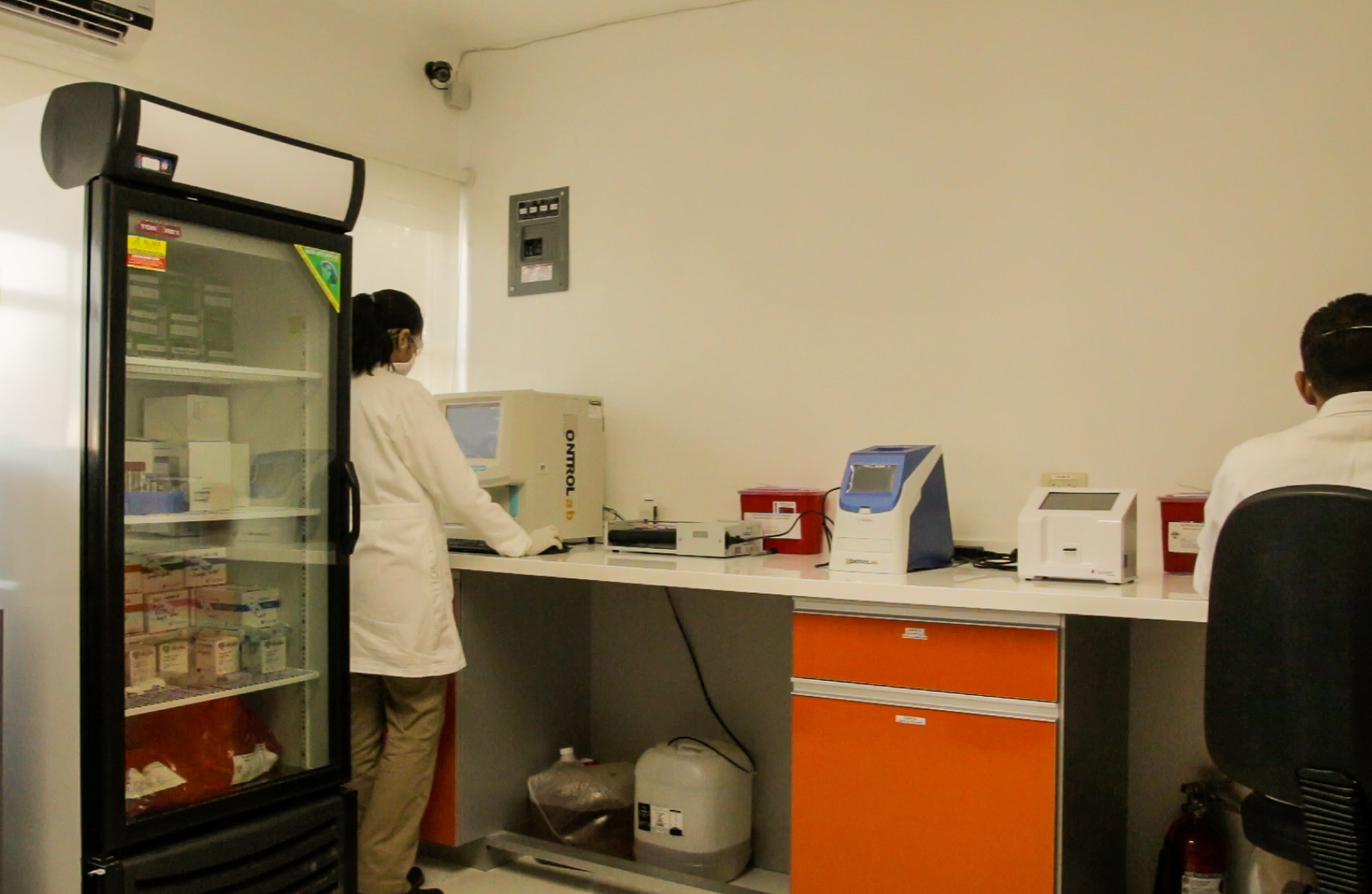 Scientist working in chemistry laboratory, examining samples at laboratory